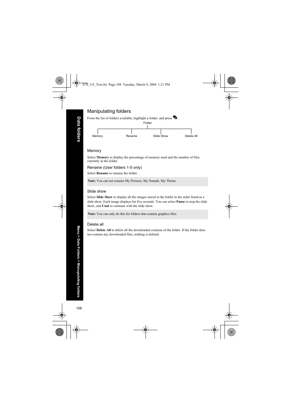 Manipulating folders, Memory, Rename (user folders 1-5 only) | Slide show, Delete all | Panasonic EB-X70 User Manual | Page 108 / 158