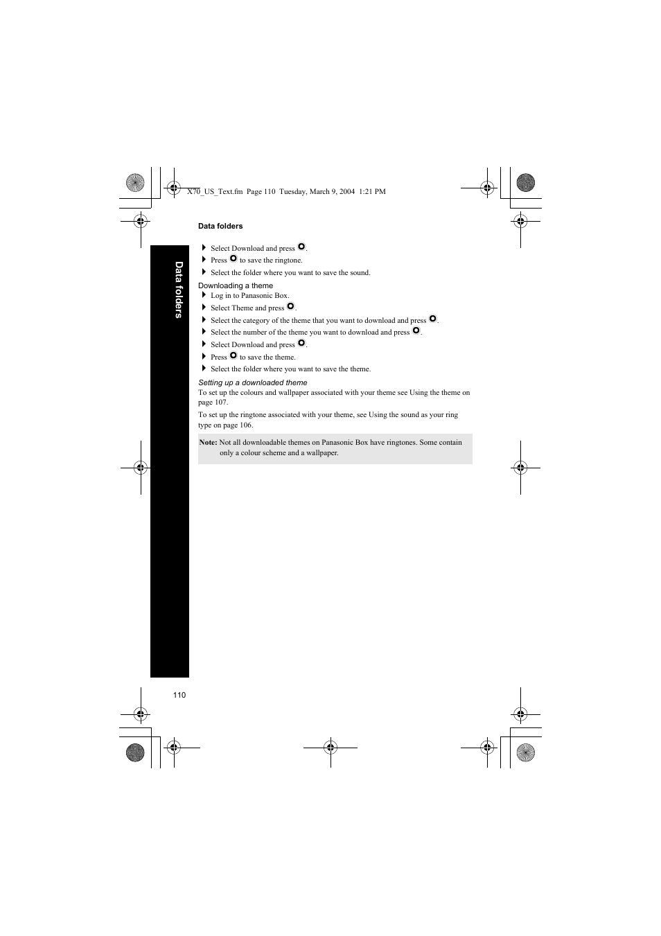 Downloading a theme, Setting up a downloaded theme | Panasonic EB-X70 User Manual | Page 110 / 158