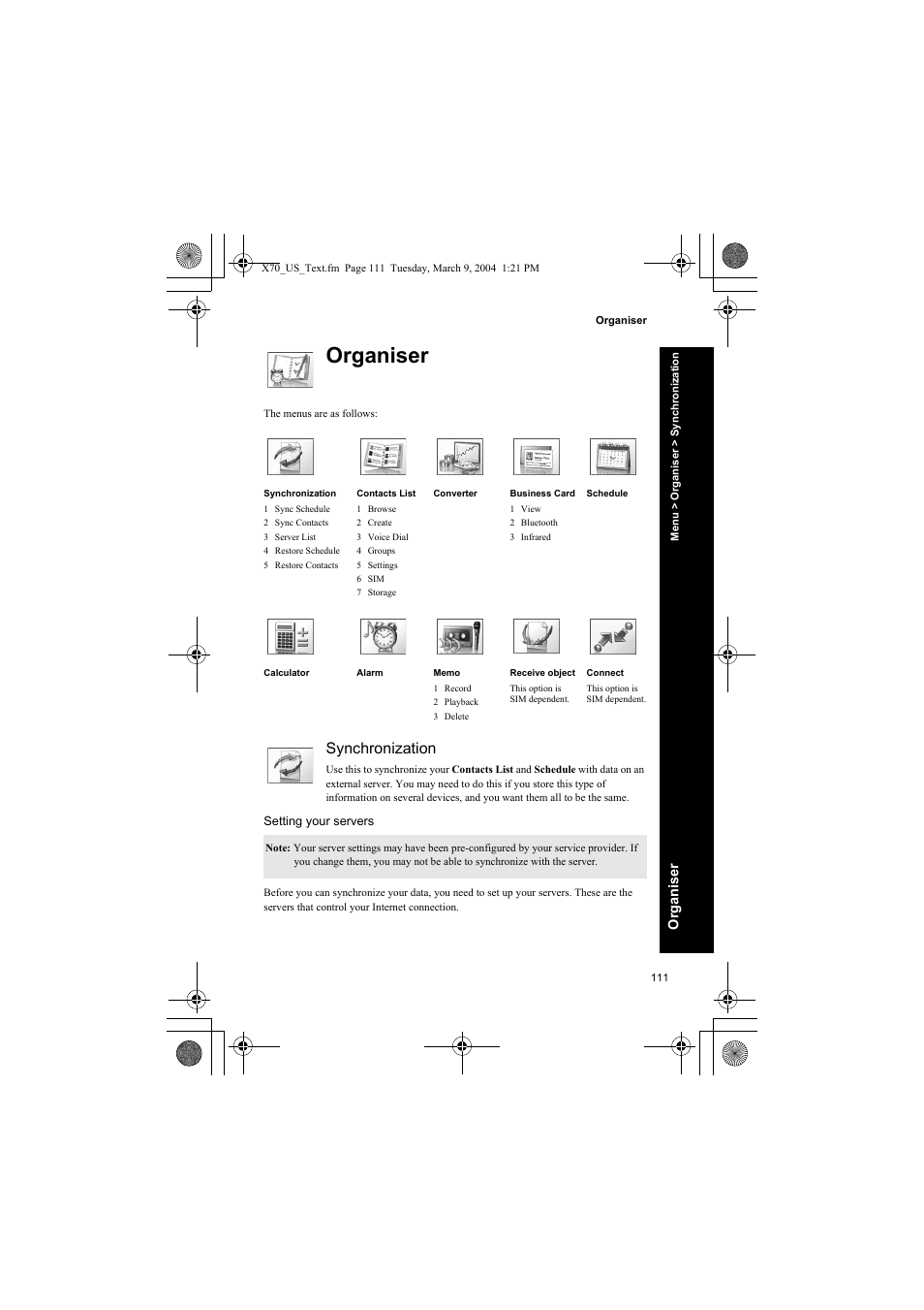 Organiser, Synchronization, Setting your servers | Panasonic EB-X70 User Manual | Page 111 / 158