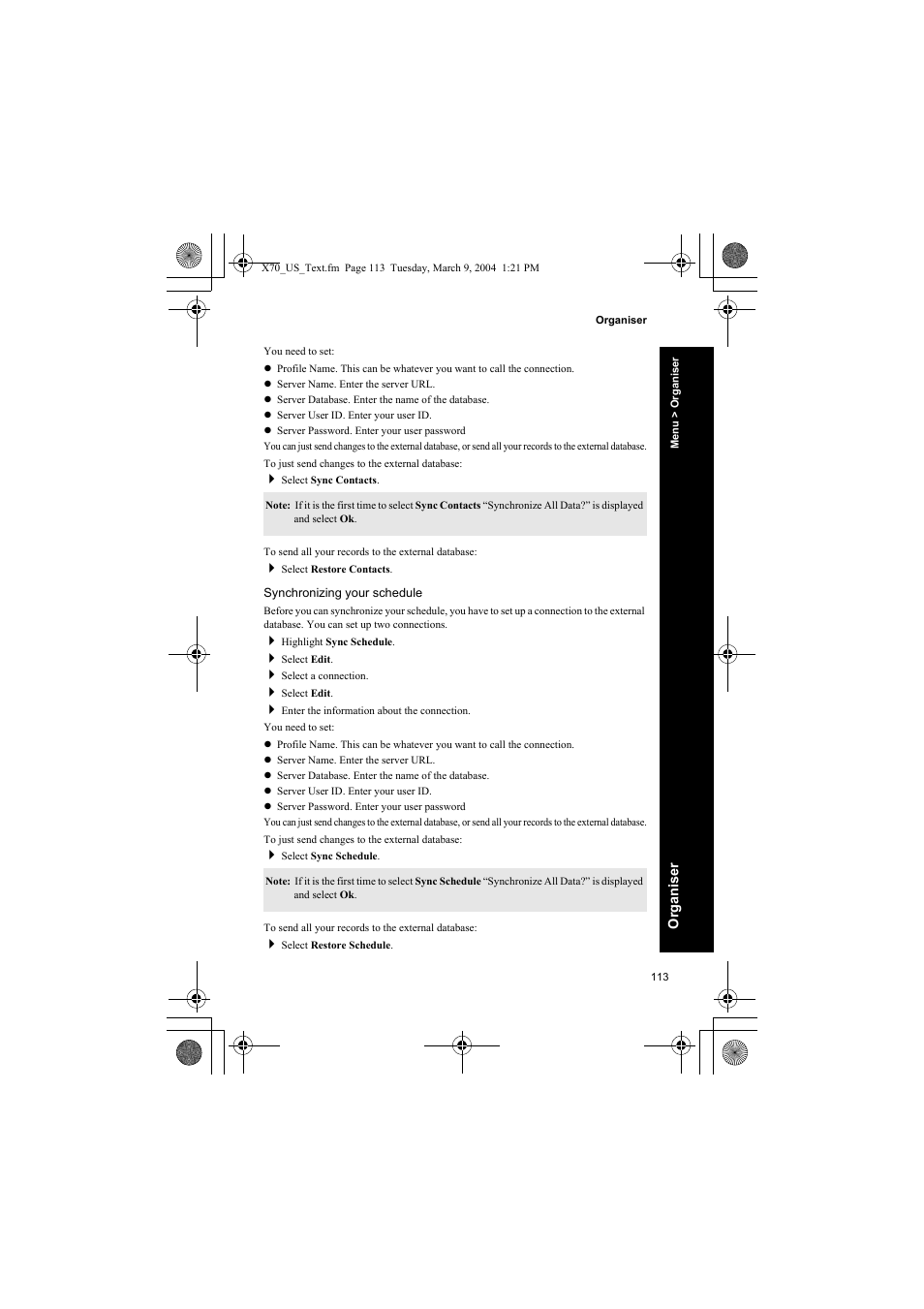 Synchronizing your schedule | Panasonic EB-X70 User Manual | Page 113 / 158