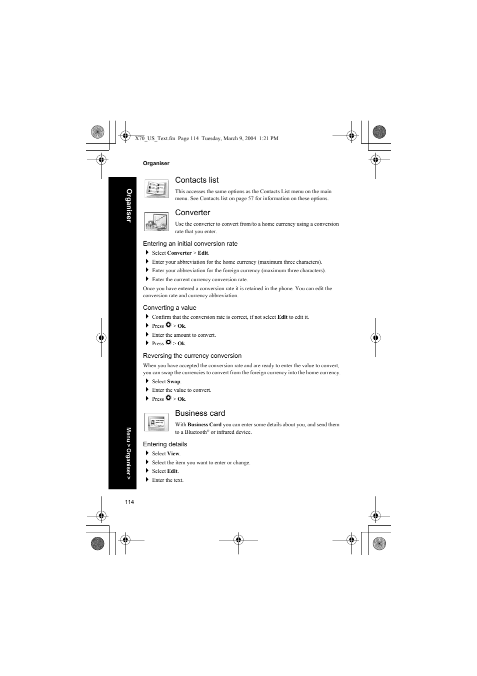 Contacts list, Converter, Entering an initial conversion rate | Converting a value, Reversing the currency conversion, Business card, Entering details | Panasonic EB-X70 User Manual | Page 114 / 158