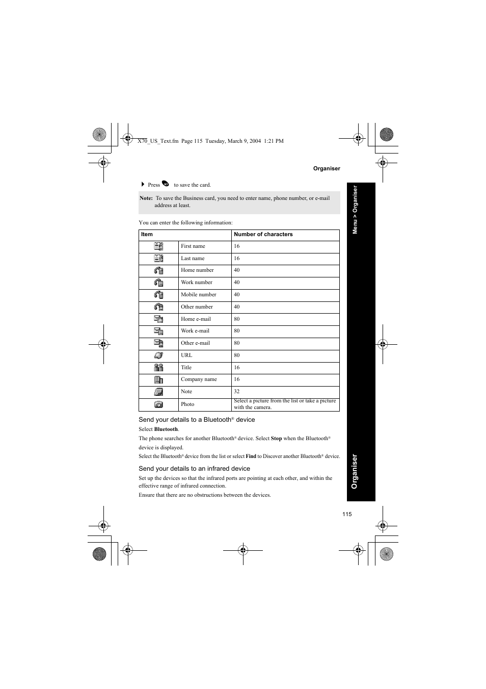 Send your details to a bluetooth® device, Send your details to an infrared device | Panasonic EB-X70 User Manual | Page 115 / 158