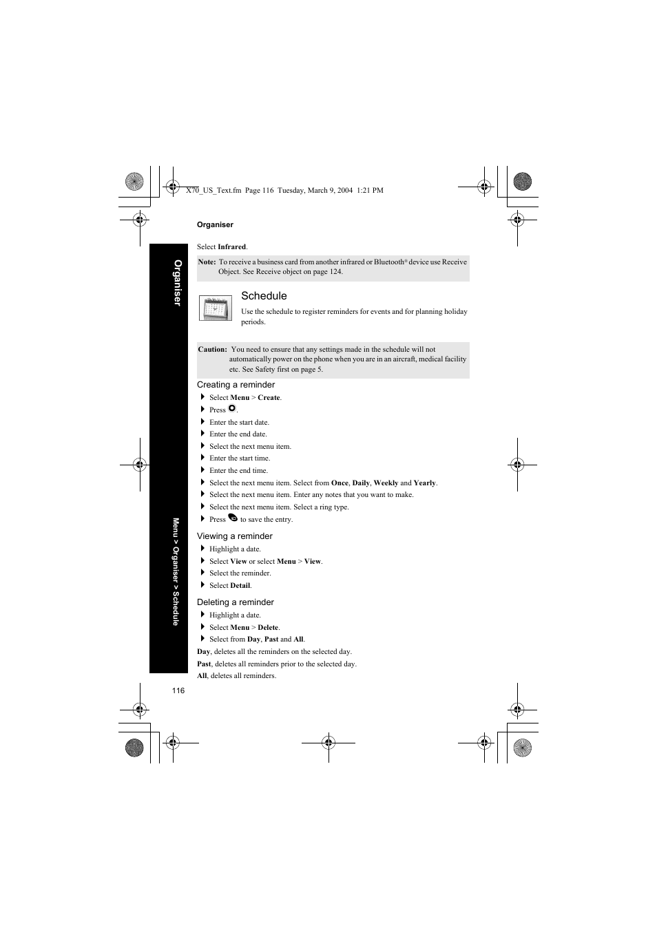 Schedule, Creating a reminder, Viewing a reminder | Deleting a reminder | Panasonic EB-X70 User Manual | Page 116 / 158