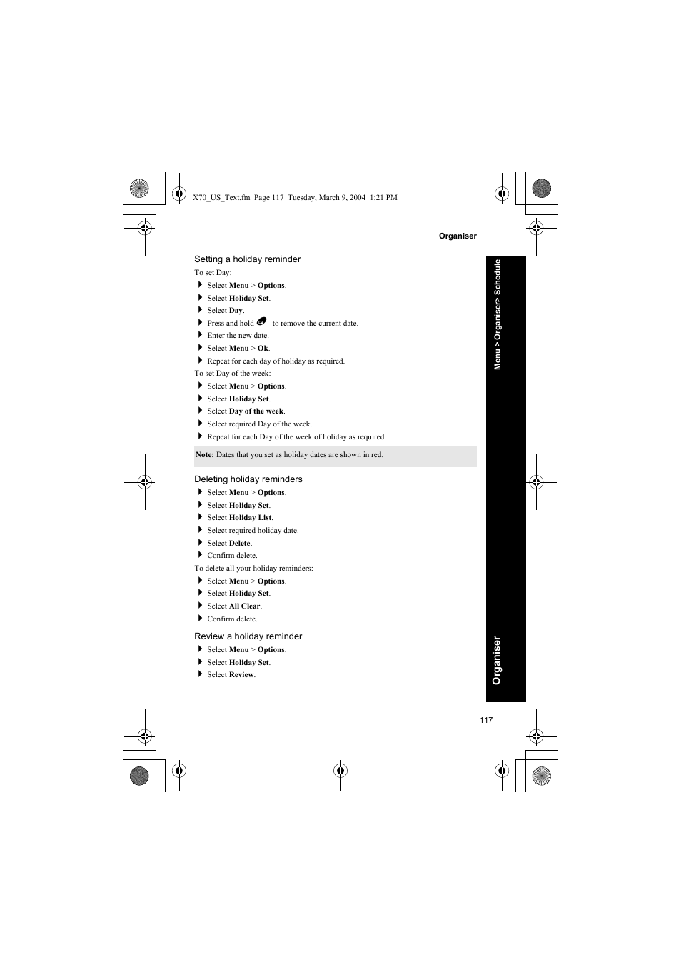Setting a holiday reminder, Deleting holiday reminders, Review a holiday reminder | Panasonic EB-X70 User Manual | Page 117 / 158