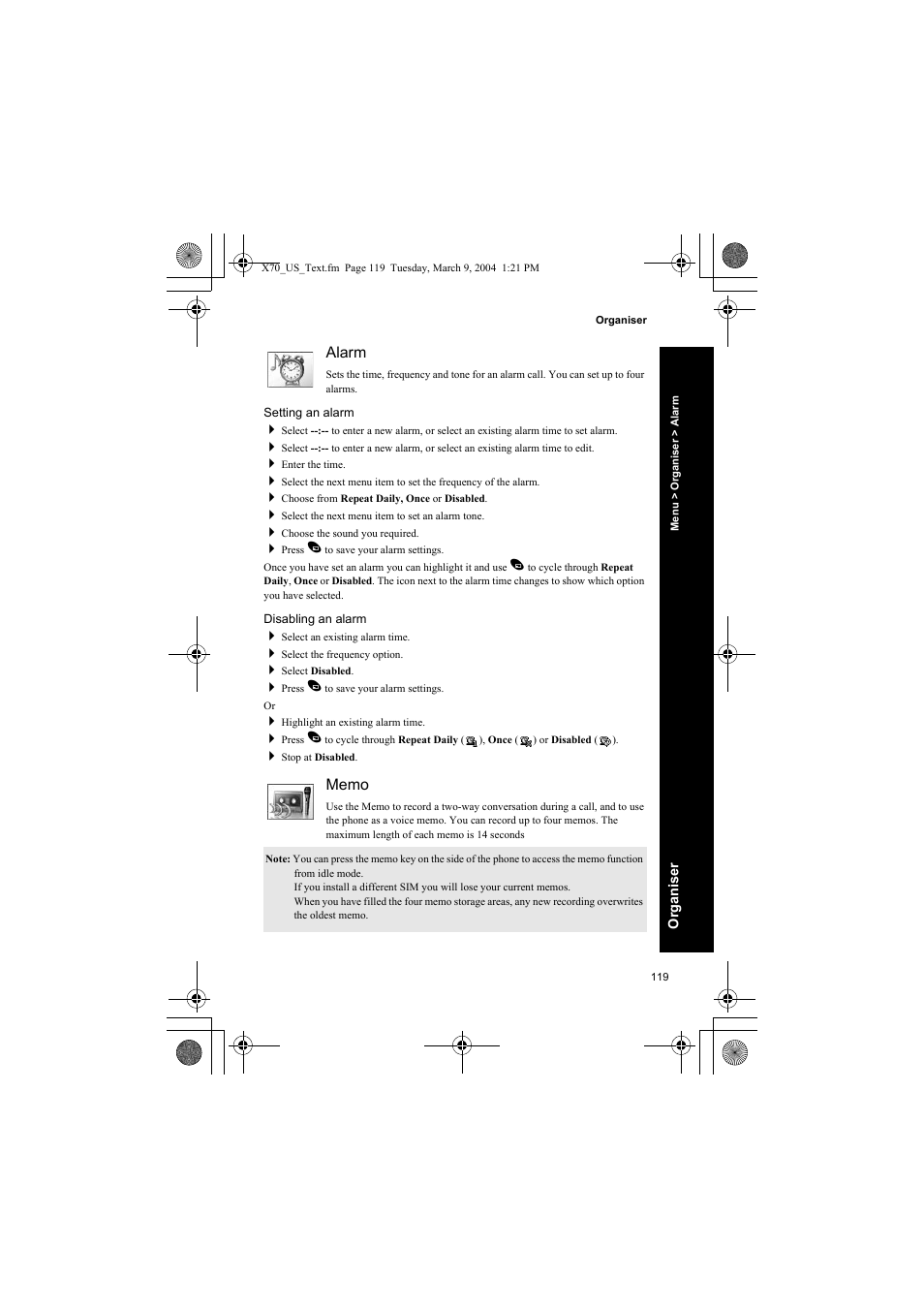 Alarm, Setting an alarm, Disabling an alarm | Memo | Panasonic EB-X70 User Manual | Page 119 / 158