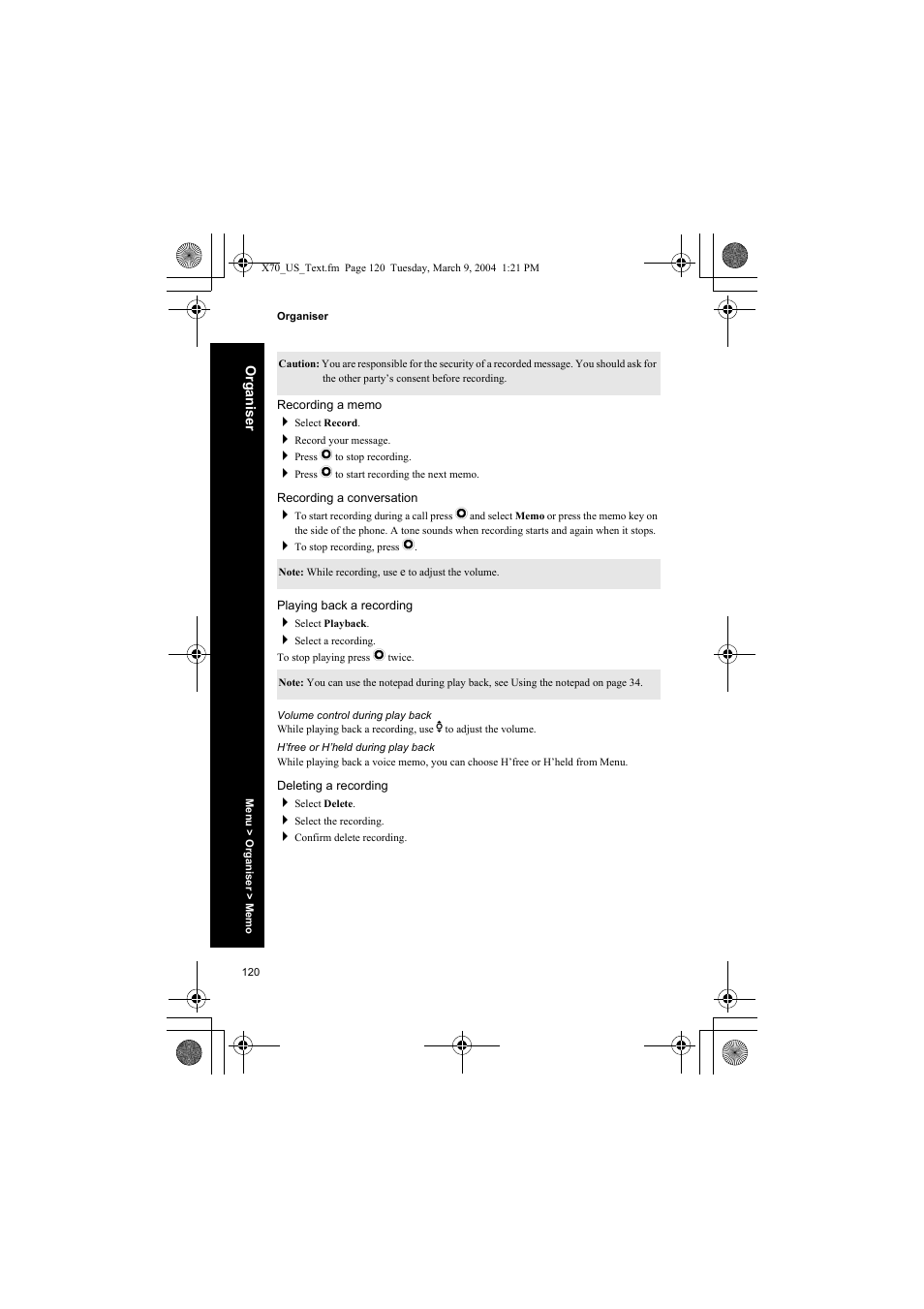 Recording a memo, Recording a conversation, Playing back a recording | Volume control during play back, H’free or h’held during play back, Deleting a recording | Panasonic EB-X70 User Manual | Page 120 / 158
