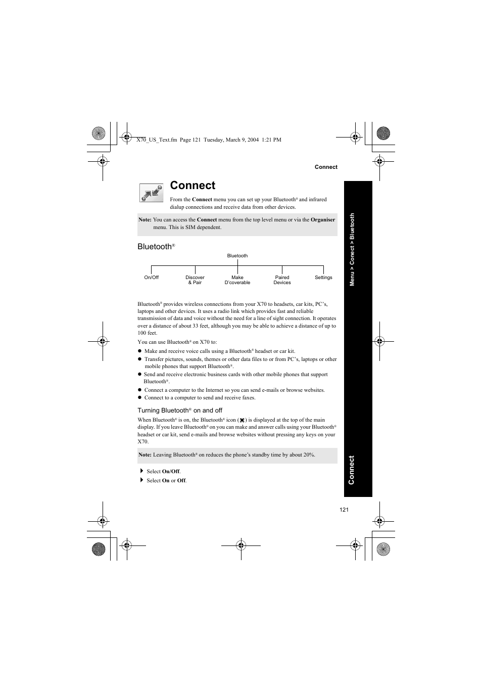 Connect, Bluetooth, Turning bluetooth® on and off | Conne ct | Panasonic EB-X70 User Manual | Page 121 / 158