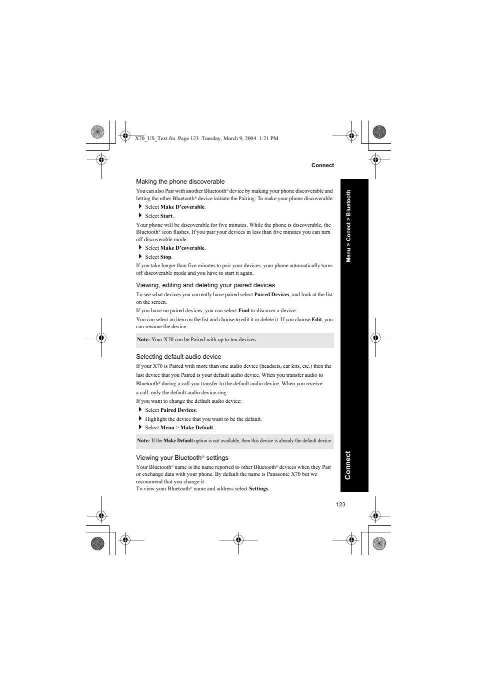 Making the phone discoverable, Viewing, editing and deleting your paired devices, Selecting default audio device | Viewing your bluetooth® settings | Panasonic EB-X70 User Manual | Page 123 / 158