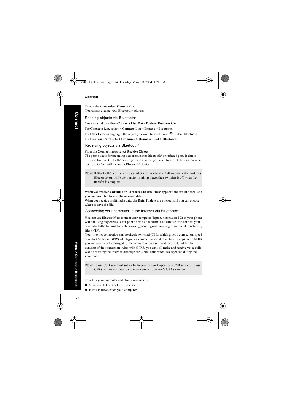 Sending objects via bluetooth, Co nn ect | Panasonic EB-X70 User Manual | Page 124 / 158