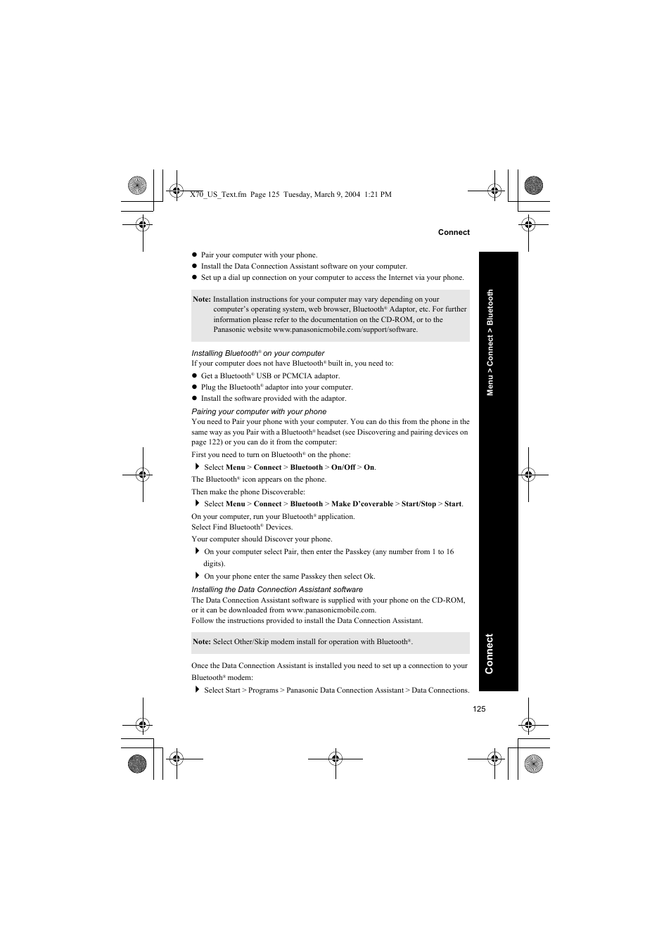 Installing bluetooth® on your computer, Pairing your computer with your phone, Installing the data connection assistant software | Conne ct | Panasonic EB-X70 User Manual | Page 125 / 158