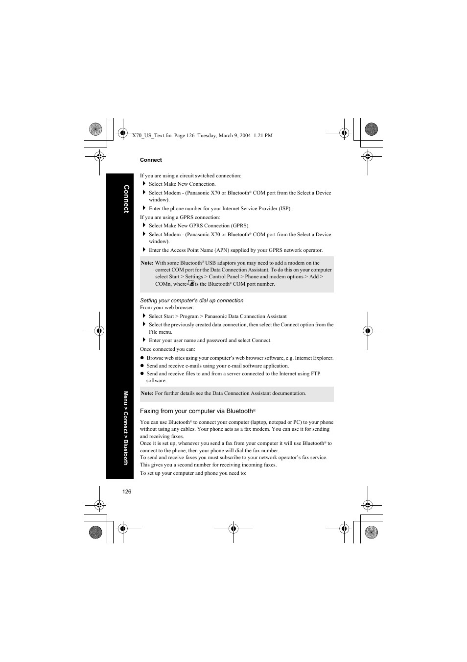 Setting your computer’s dial up connection | Panasonic EB-X70 User Manual | Page 126 / 158