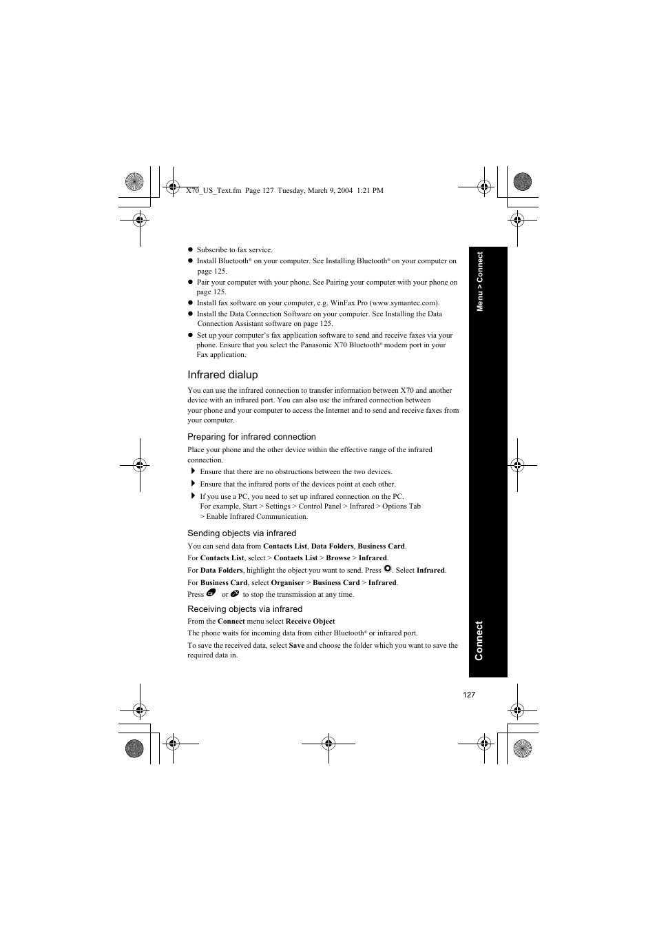 Infrared dialup, Preparing for infrared connection, Sending objects via infrared | Panasonic EB-X70 User Manual | Page 127 / 158