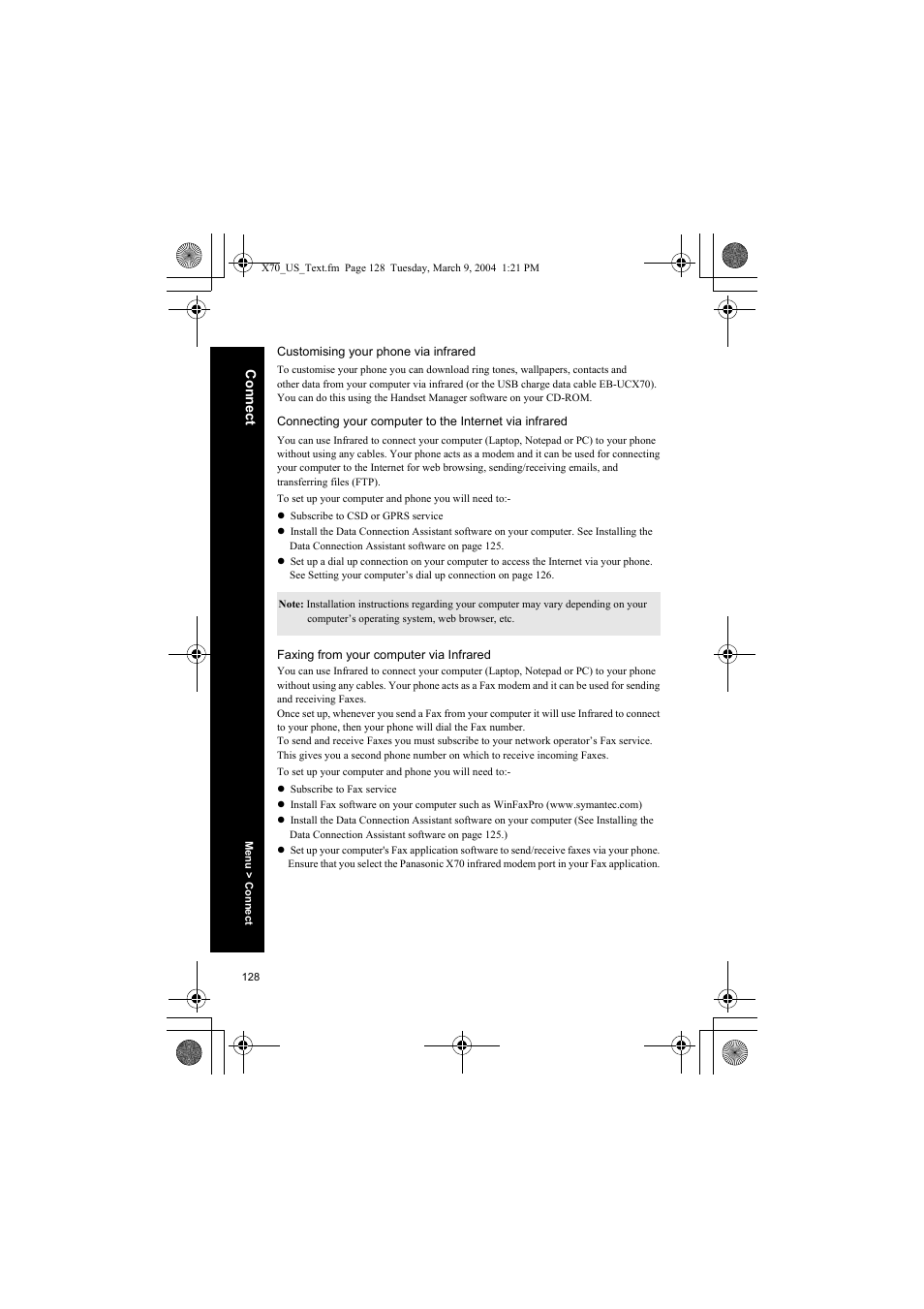 Customising your phone via infrared | Panasonic EB-X70 User Manual | Page 128 / 158