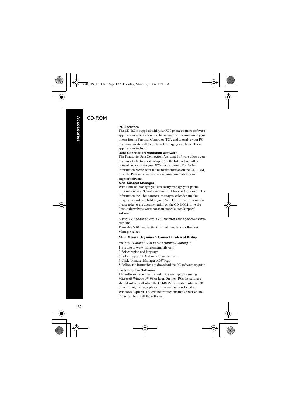 Cd-rom, Future enhancements to x70 handset manager | Panasonic EB-X70 User Manual | Page 132 / 158