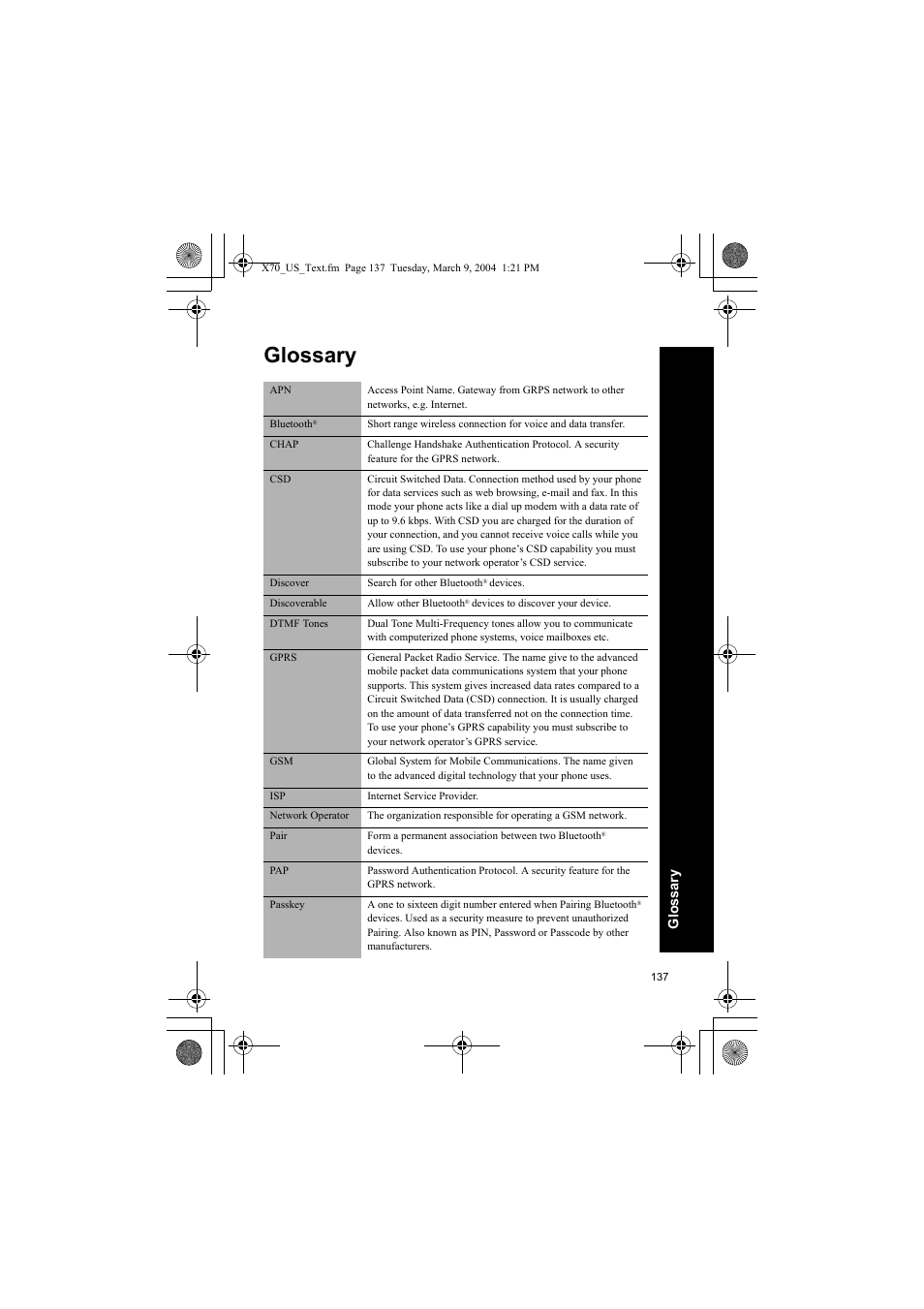 Glossary | Panasonic EB-X70 User Manual | Page 137 / 158