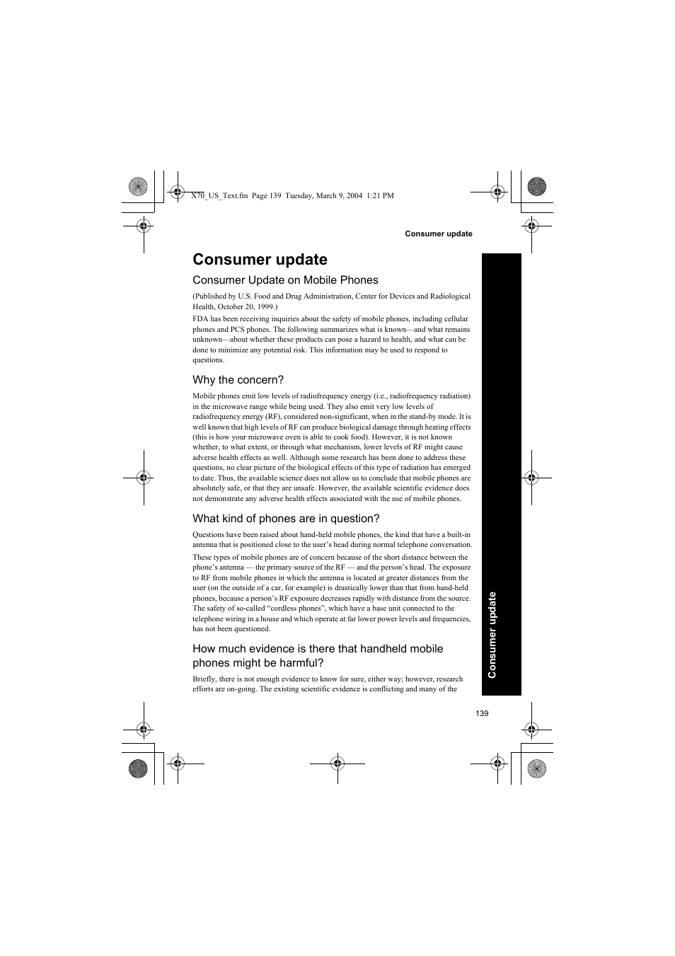 Consumer update, Consumer update on mobile phones, Why the concern | What kind of phones are in question | Panasonic EB-X70 User Manual | Page 139 / 158