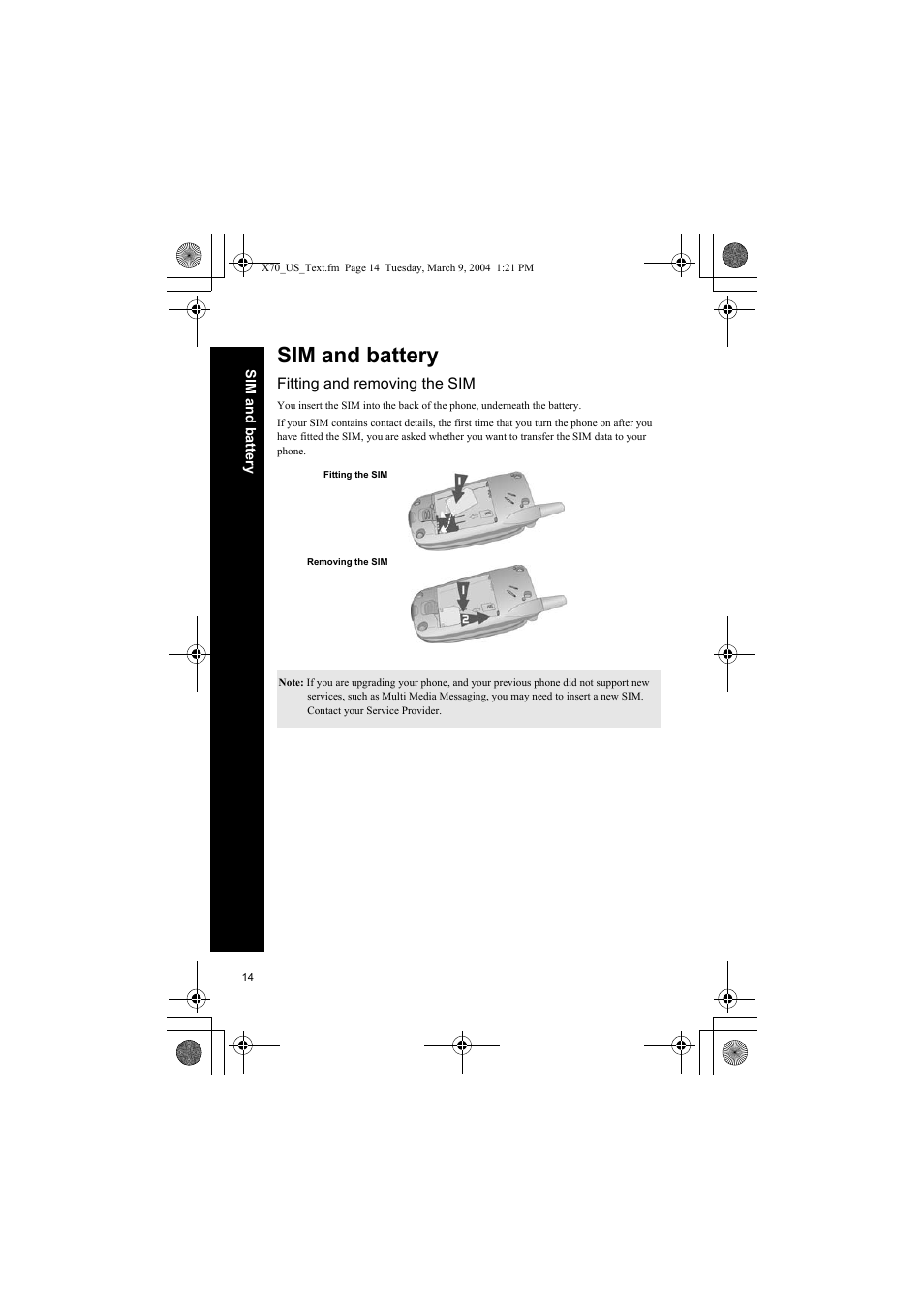 Sim and battery, Fitting and removing the sim | Panasonic EB-X70 User Manual | Page 14 / 158