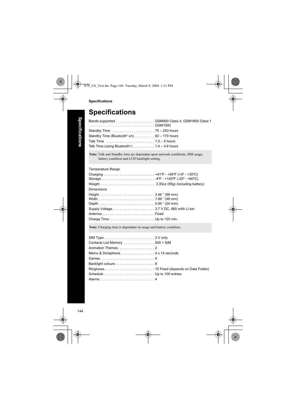 Specifications | Panasonic EB-X70 User Manual | Page 144 / 158