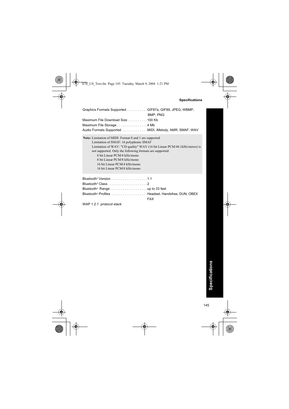 Spec ificatio ns | Panasonic EB-X70 User Manual | Page 145 / 158