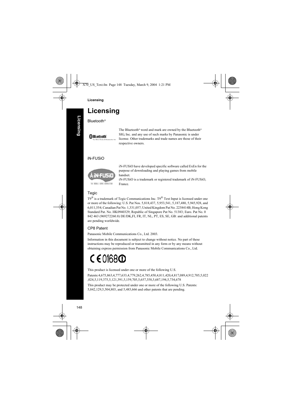 Licensing, Tegic, Cp8 patent | Panasonic EB-X70 User Manual | Page 148 / 158