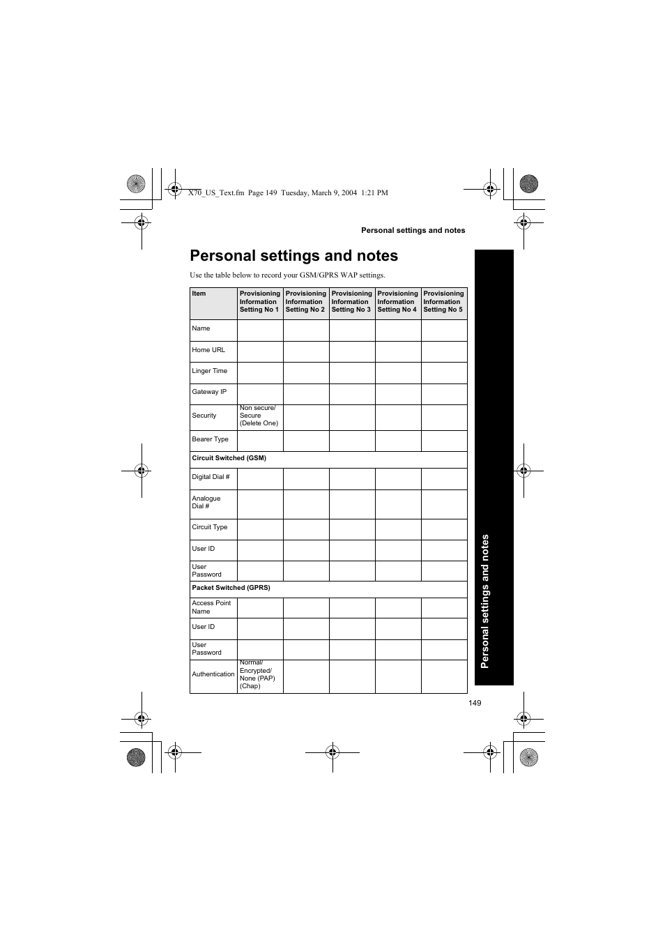 Personal settings and notes | Panasonic EB-X70 User Manual | Page 149 / 158