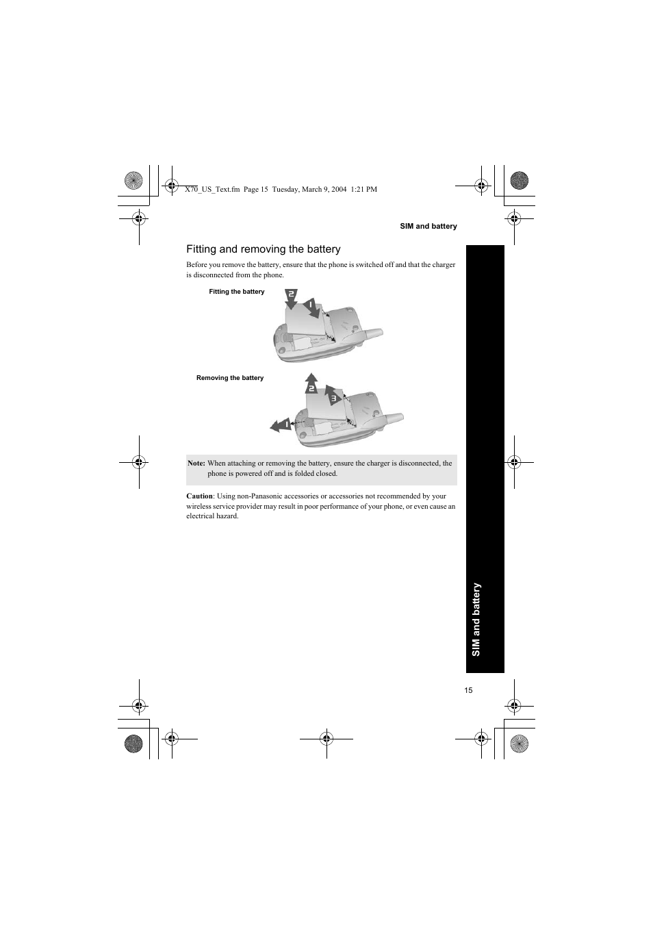 Fitting and removing the battery | Panasonic EB-X70 User Manual | Page 15 / 158