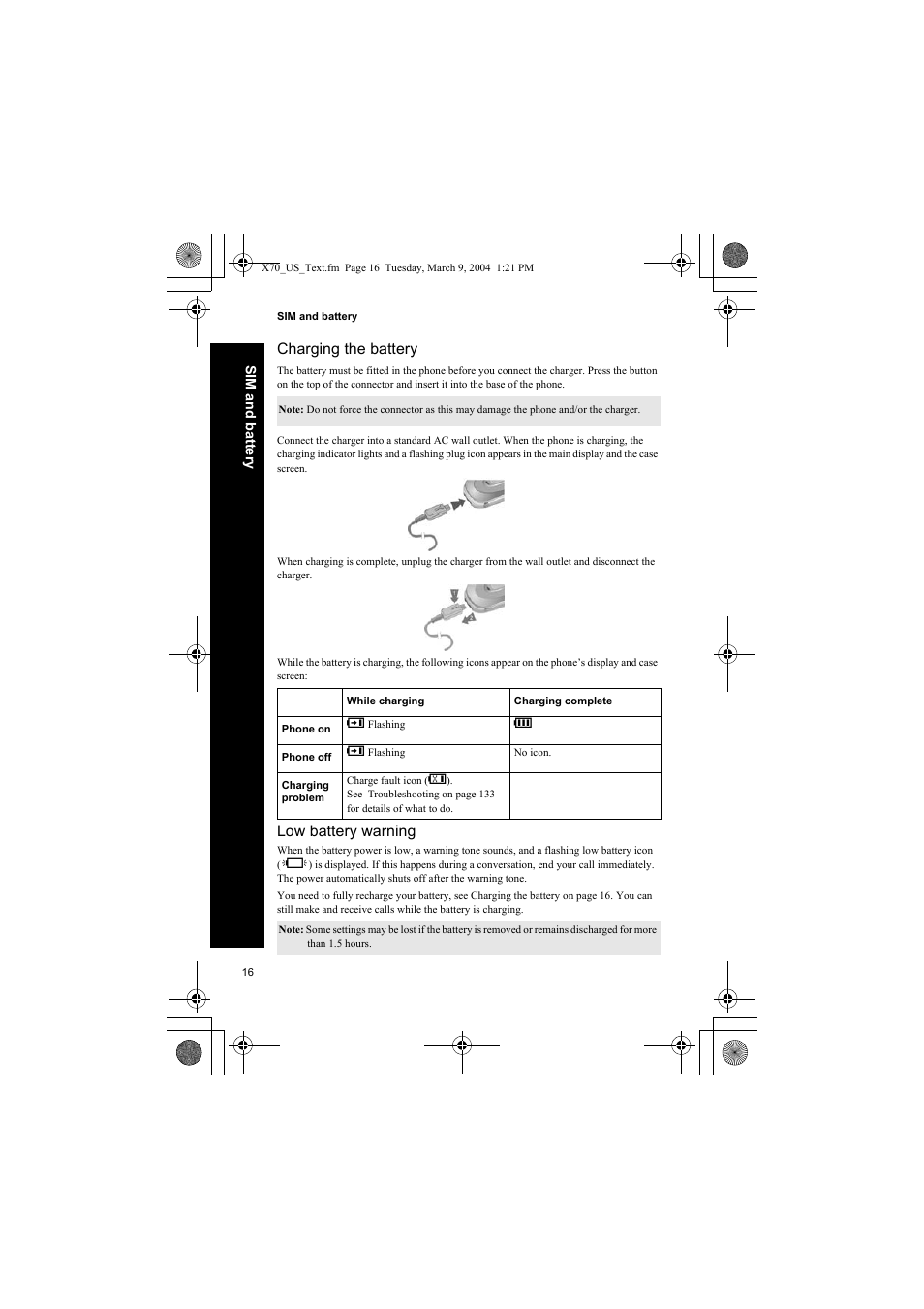 Charging the battery, Low battery warning | Panasonic EB-X70 User Manual | Page 16 / 158