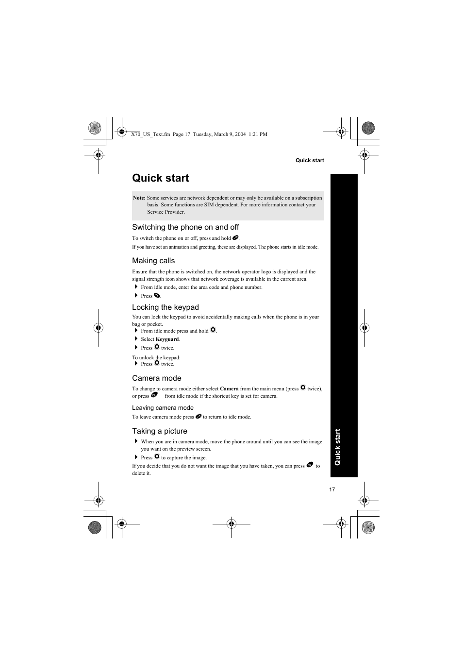 Quick start, Switching the phone on and off, Making calls | Camera mode, Leaving camera mode, Taking a picture | Panasonic EB-X70 User Manual | Page 17 / 158