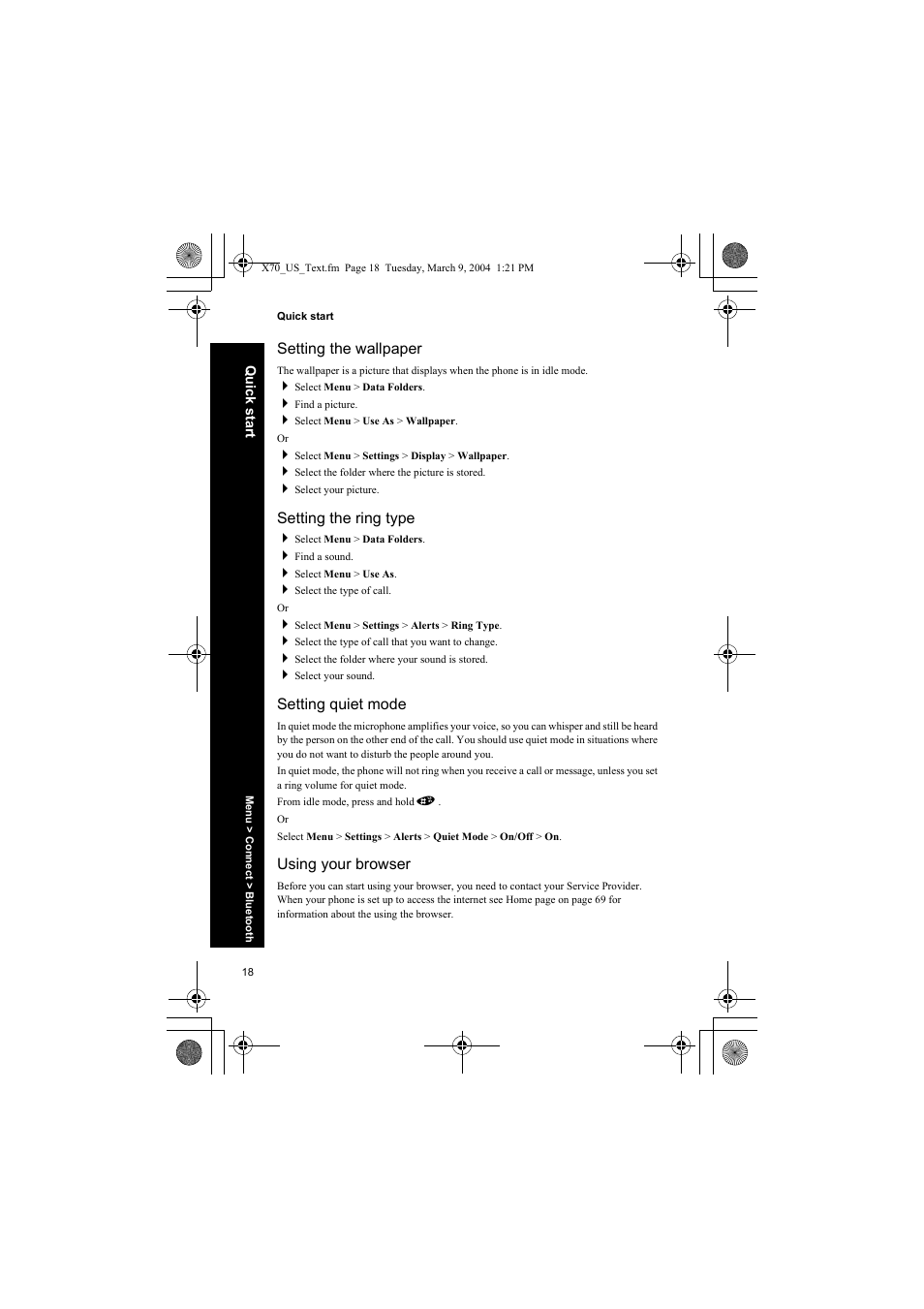 Setting the wallpaper, Setting the ring type, Setting quiet mode | Using your browser | Panasonic EB-X70 User Manual | Page 18 / 158