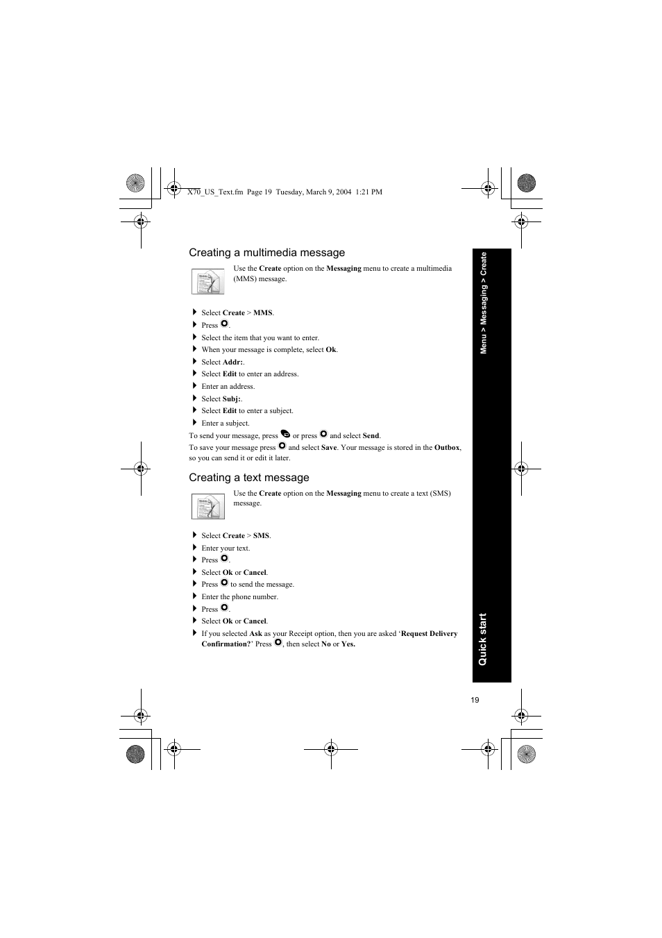 Creating a multimedia message, Creating a text message | Panasonic EB-X70 User Manual | Page 19 / 158