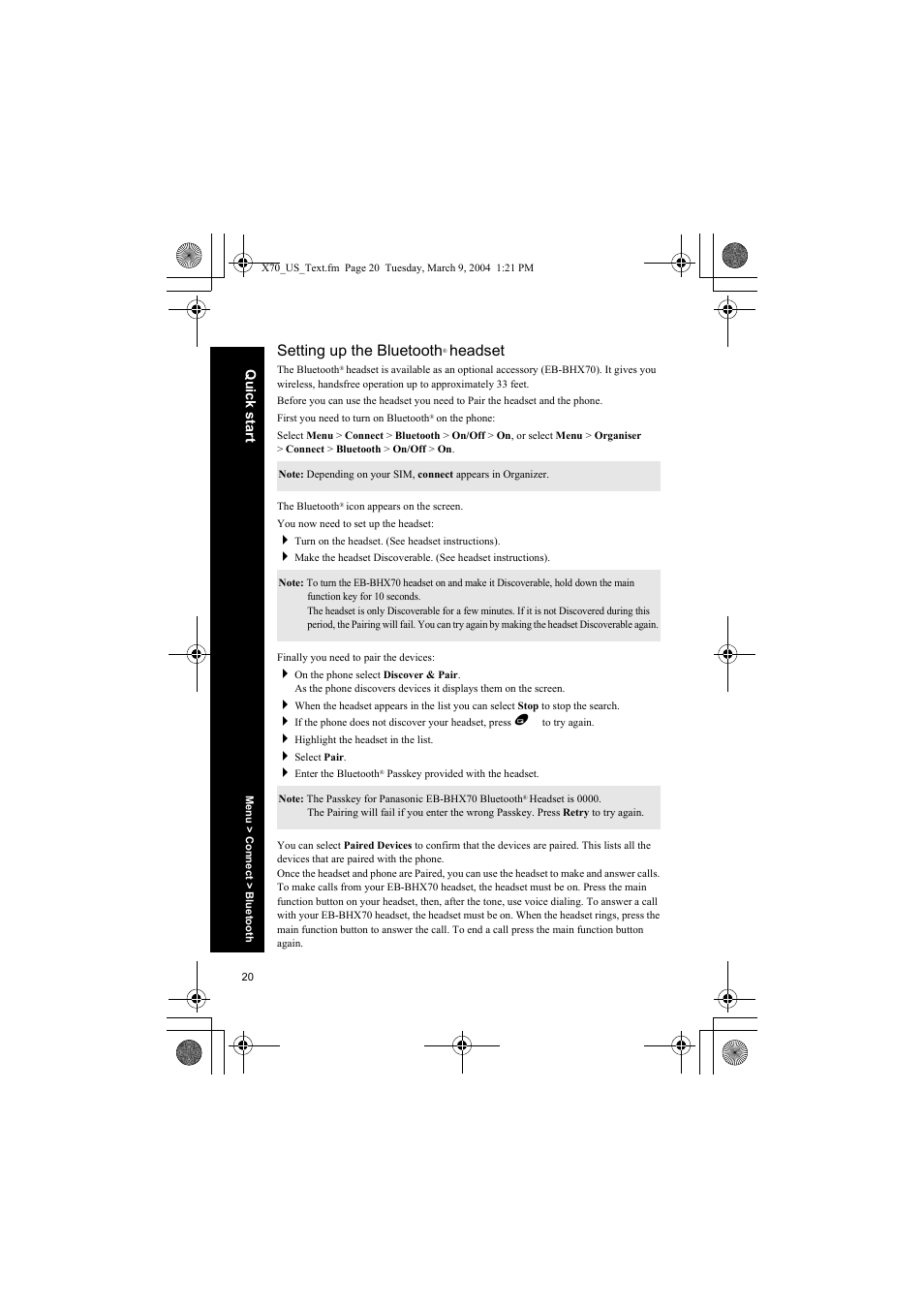 Setting up the bluetooth® headset, Setting up the bluetooth, Headset | Panasonic EB-X70 User Manual | Page 20 / 158