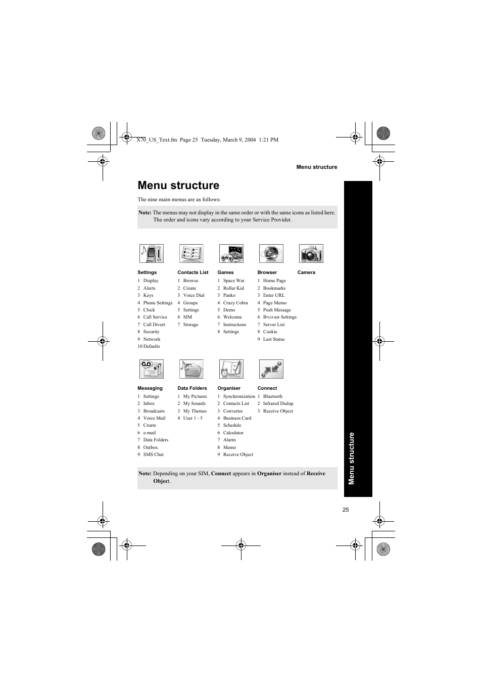 Menu structure | Panasonic EB-X70 User Manual | Page 25 / 158