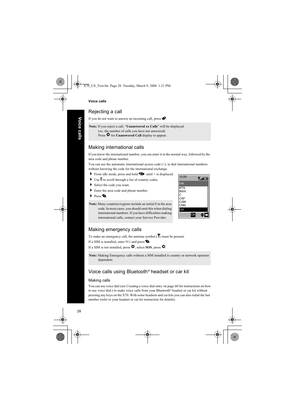 Rejecting a call, Making international calls, Making emergency calls | Voice calls using bluetooth® headset or car kit, Making calls, Voice calls using bluetooth, Headset or car kit | Panasonic EB-X70 User Manual | Page 28 / 158