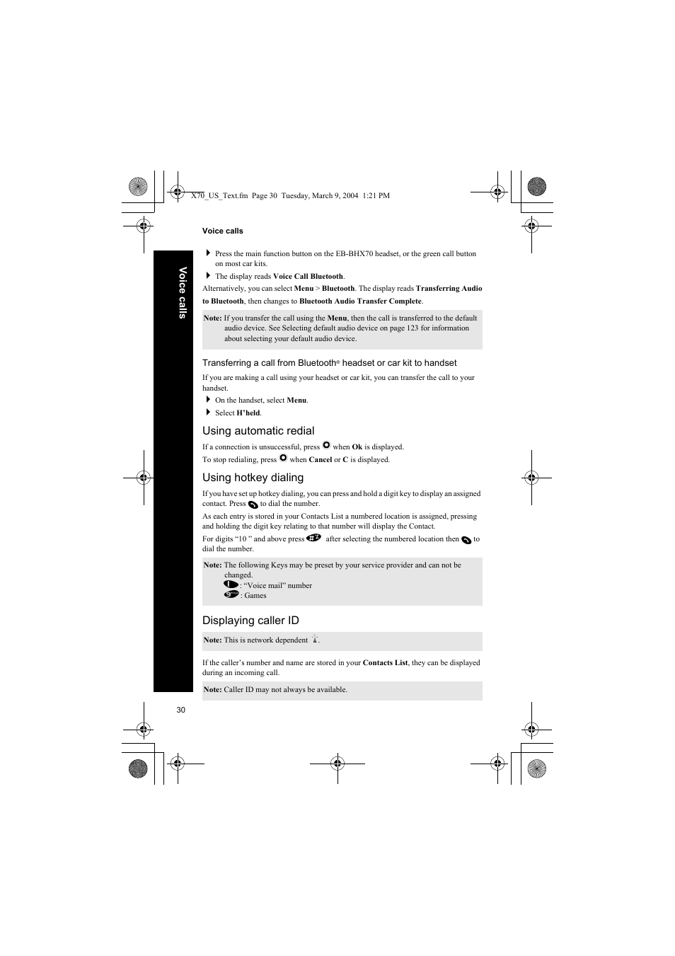 Using automatic redial, Using hotkey dialing, Displaying caller id | Panasonic EB-X70 User Manual | Page 30 / 158