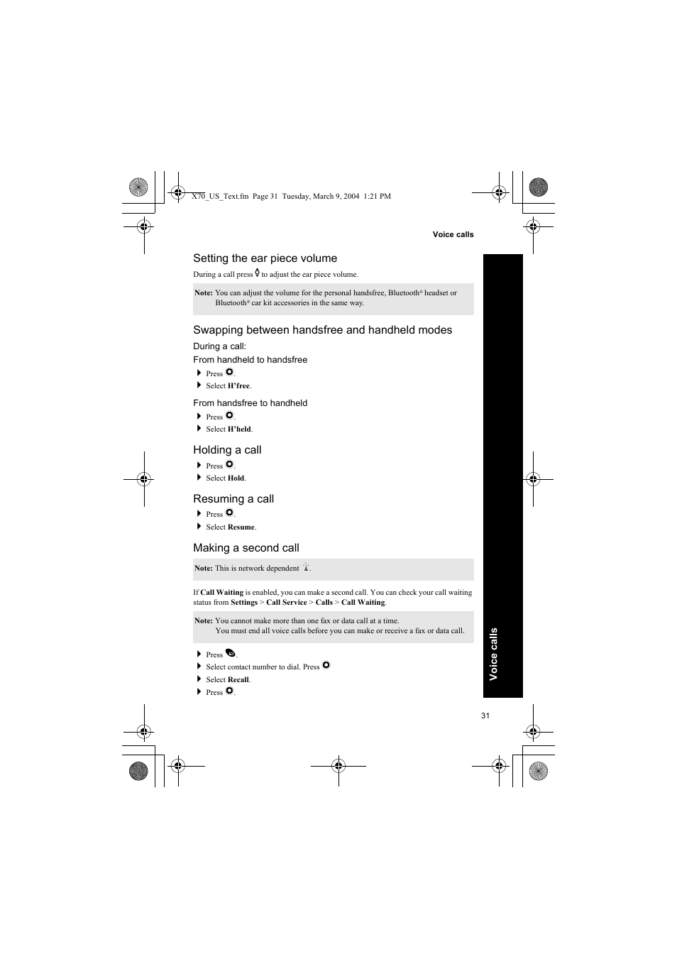 Setting the ear piece volume, Swapping between handsfree and handheld modes, During a call | From handheld to handsfree, From handsfree to handheld, Holding a call, Resuming a call, Making a second call | Panasonic EB-X70 User Manual | Page 31 / 158