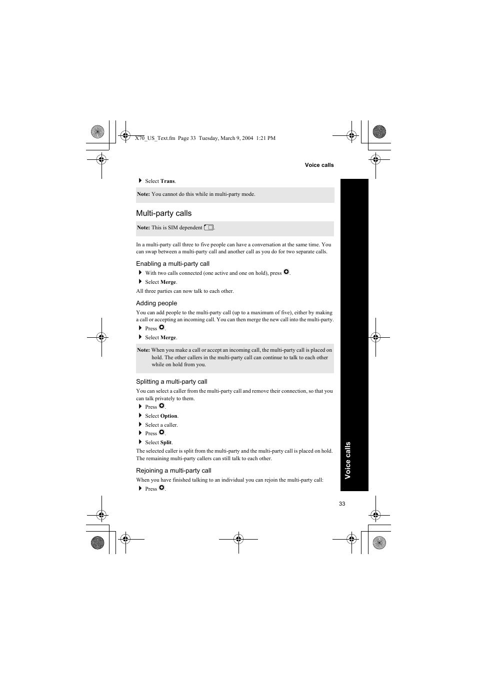 Multi-party calls, Enabling a multi-party call, Adding people | Splitting a multi-party call, Rejoining a multi-party call | Panasonic EB-X70 User Manual | Page 33 / 158