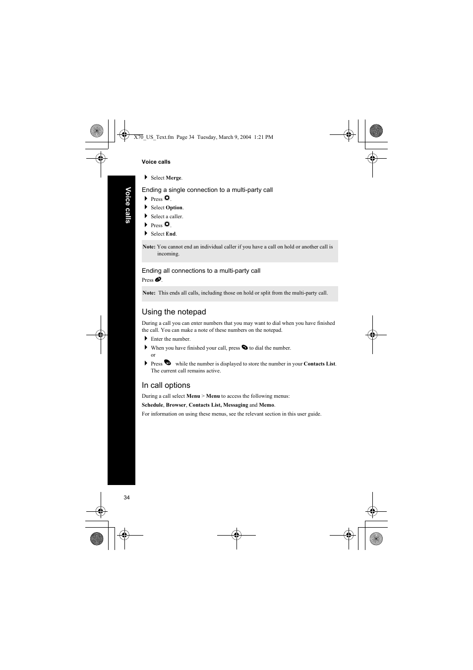 Ending a single connection to a multi-party call, Ending all connections to a multi-party call, Using the notepad | In call options | Panasonic EB-X70 User Manual | Page 34 / 158