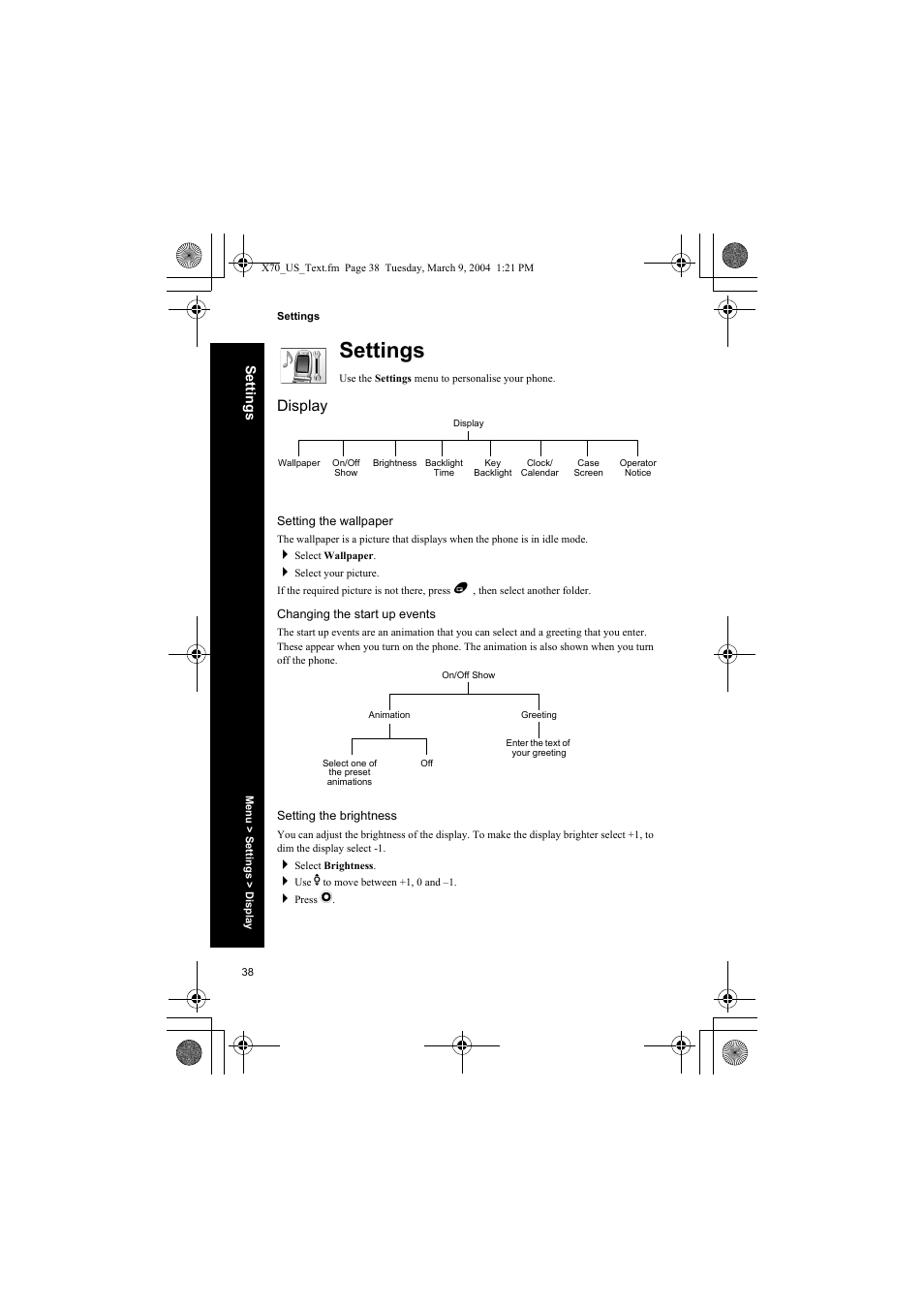 Settings, Display, Setting the wallpaper | Changing the start up events, Setting the brightness | Panasonic EB-X70 User Manual | Page 38 / 158