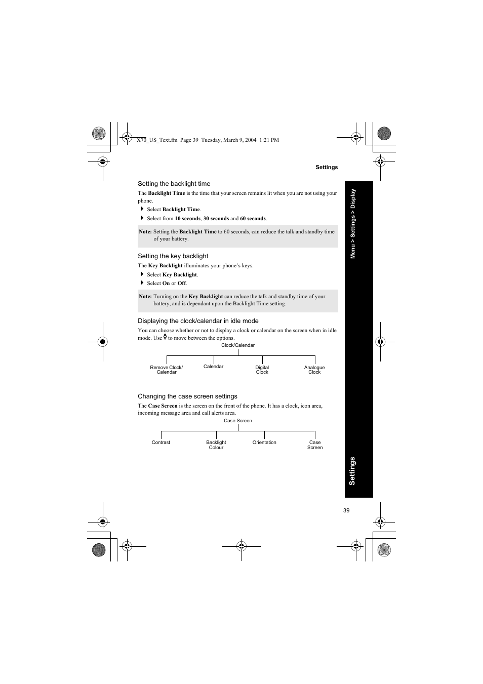 Setting the backlight time, Setting the key backlight, Displaying the clock/calendar in idle mode | Changing the case screen settings | Panasonic EB-X70 User Manual | Page 39 / 158