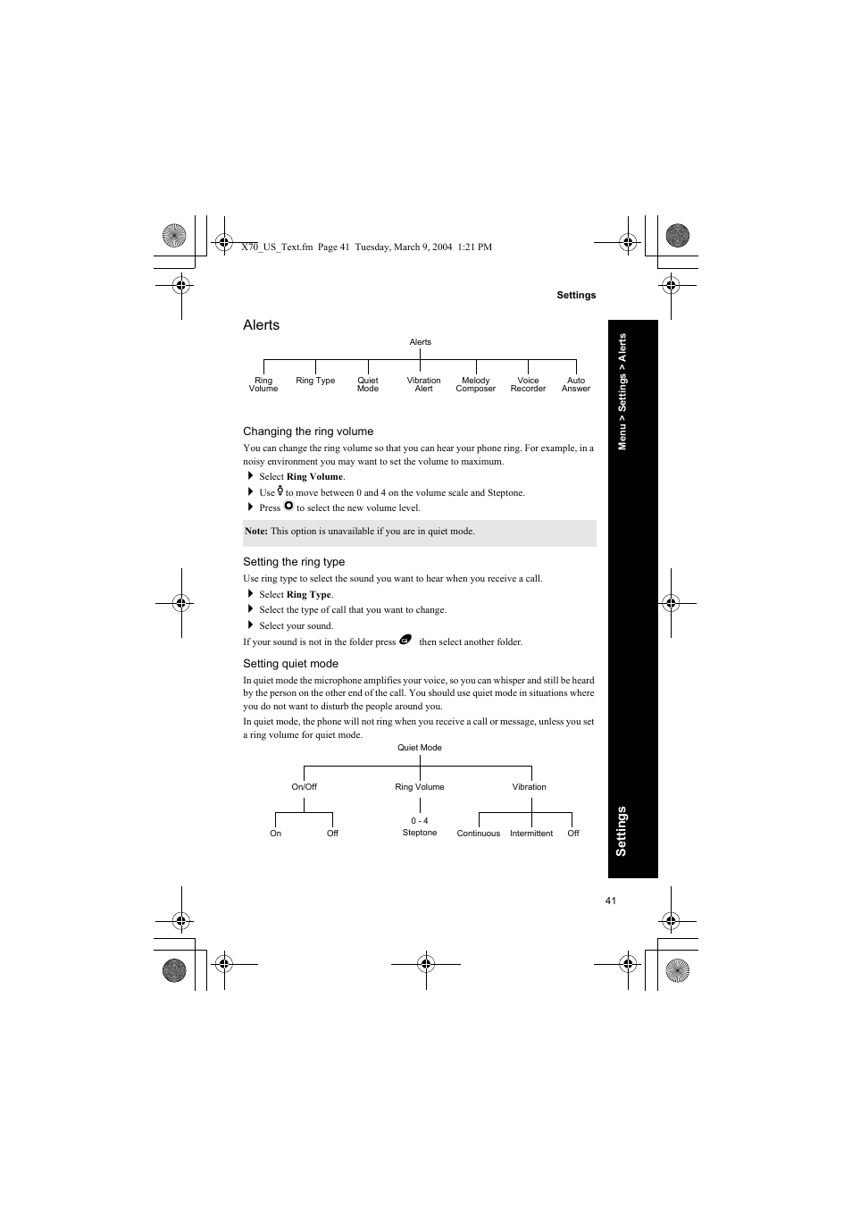 Alerts, Changing the ring volume, Setting the ring type | Setting quiet mode | Panasonic EB-X70 User Manual | Page 41 / 158