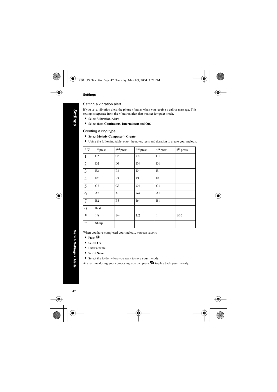 Setting a vibration alert, Creating a ring type | Panasonic EB-X70 User Manual | Page 42 / 158