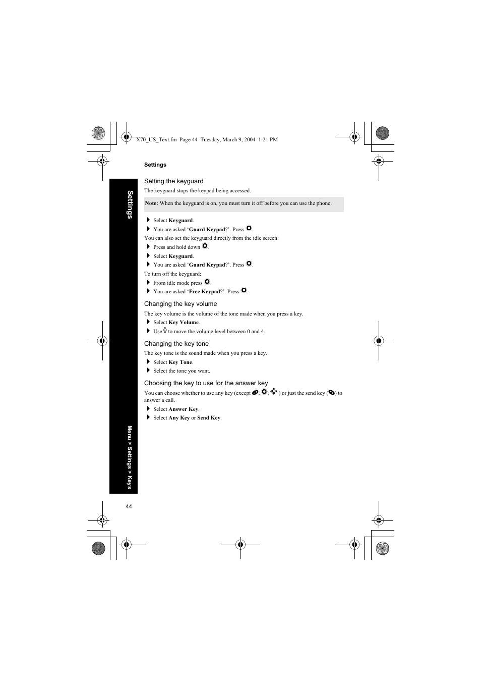 Setting the keyguard, Changing the key volume, Changing the key tone | Choosing the key to use for the answer key | Panasonic EB-X70 User Manual | Page 44 / 158