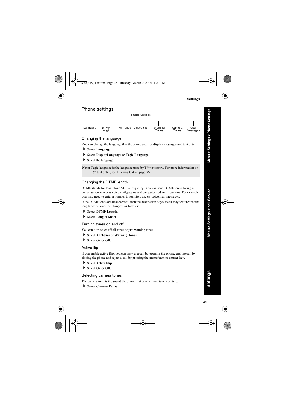 Phone settings, Changing the language, Changing the dtmf length | Turning tones on and off, Active flip, Selecting camera tones | Panasonic EB-X70 User Manual | Page 45 / 158