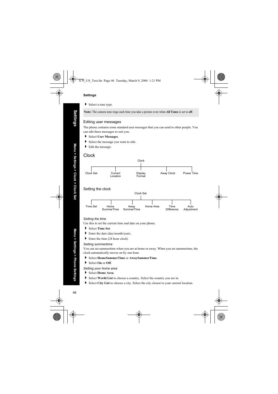 Editing user messages, Clock, Setting the clock | Setting the time, Setting summertime, Setting your home area | Panasonic EB-X70 User Manual | Page 46 / 158