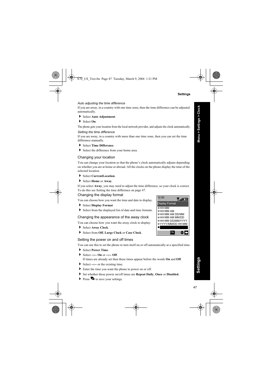 Auto adjusting the time difference, Setting the time difference, Changing your location | Changing the appearance of the away clock, Setting the power on and off times | Panasonic EB-X70 User Manual | Page 47 / 158