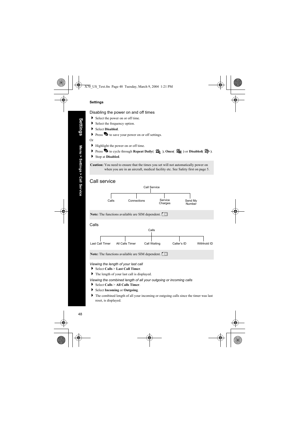 Disabling the power on and off times, Call service, Calls | Viewing the length of your last call | Panasonic EB-X70 User Manual | Page 48 / 158