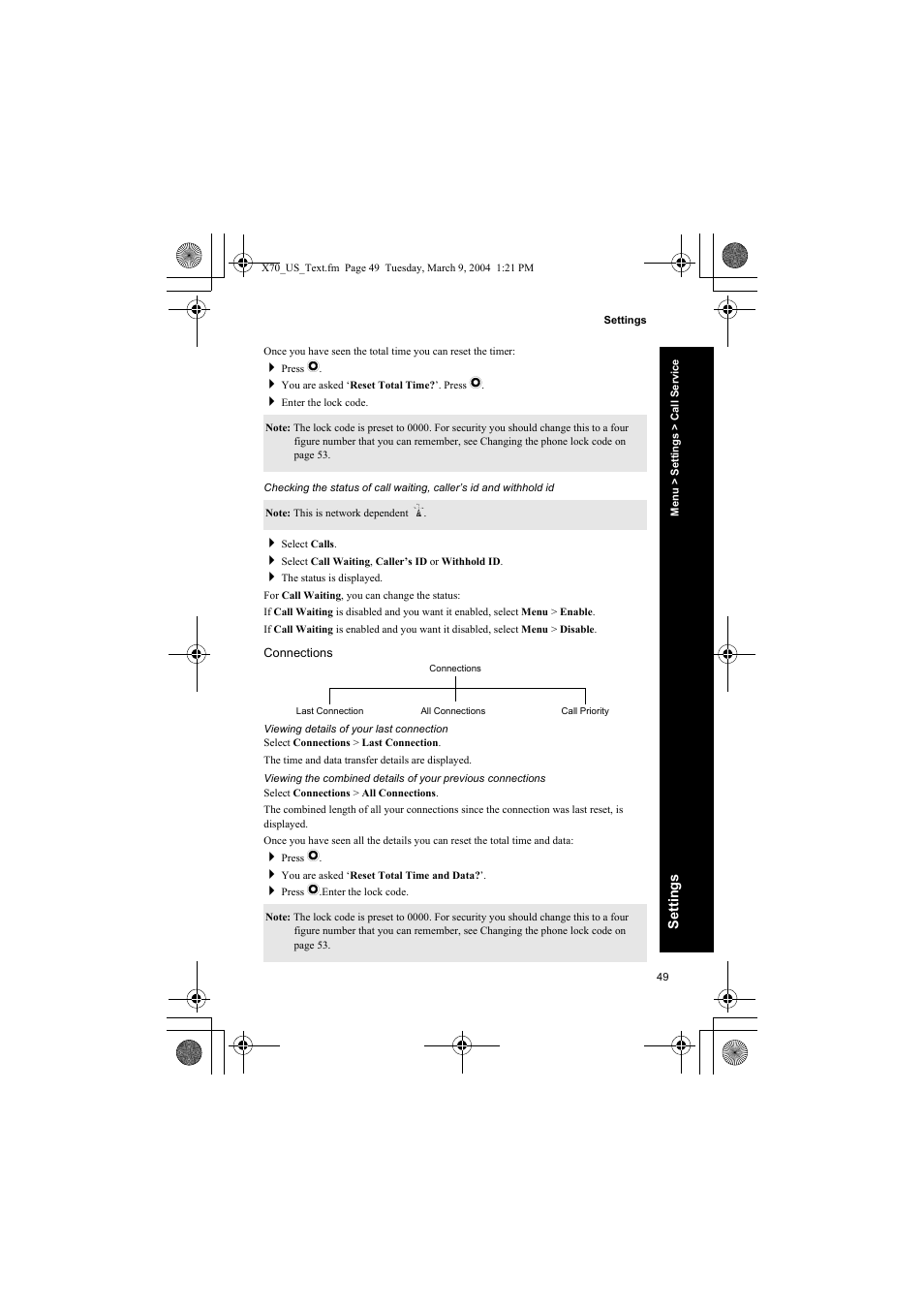 Connections, Viewing details of your last connection | Panasonic EB-X70 User Manual | Page 49 / 158