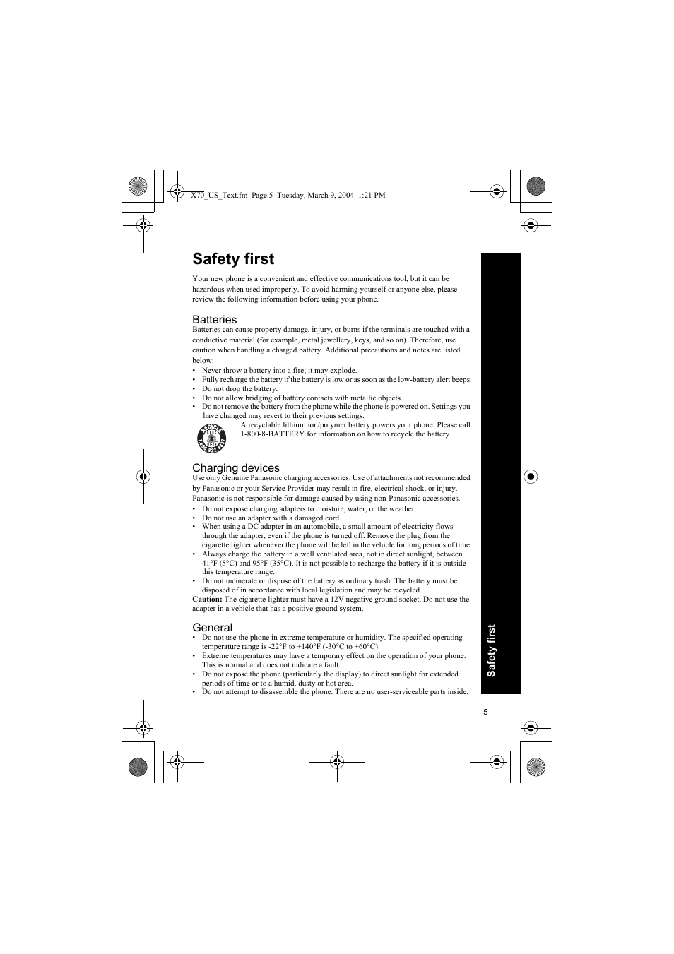 Safety first, Batteries, Charging devices | General | Panasonic EB-X70 User Manual | Page 5 / 158