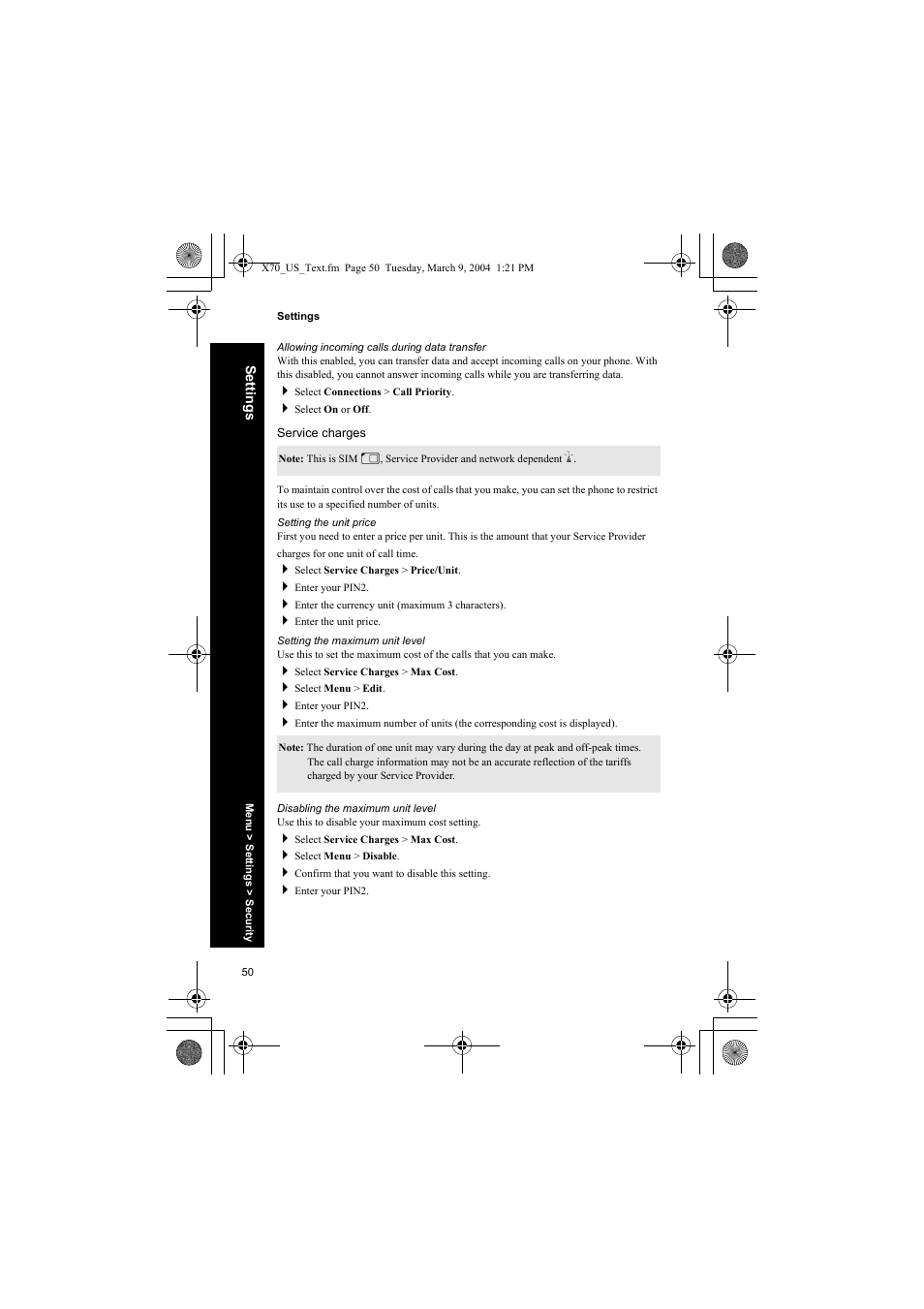 Allowing incoming calls during data transfer, Service charges, Setting the unit price | Setting the maximum unit level, Disabling the maximum unit level | Panasonic EB-X70 User Manual | Page 50 / 158