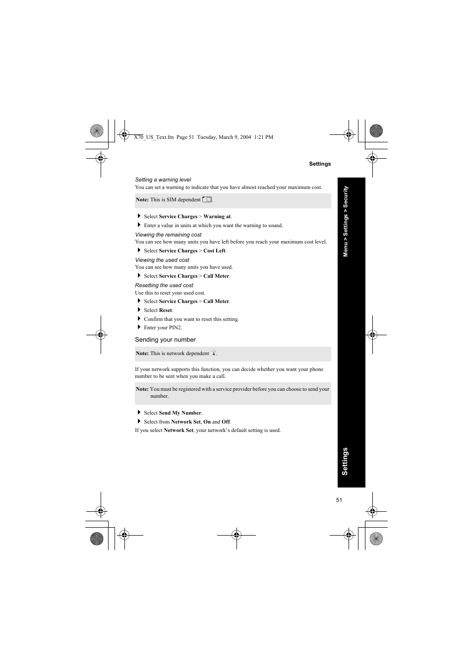 Setting a warning level, Viewing the remaining cost, Viewing the used cost | Resetting the used cost, Sending your number | Panasonic EB-X70 User Manual | Page 51 / 158